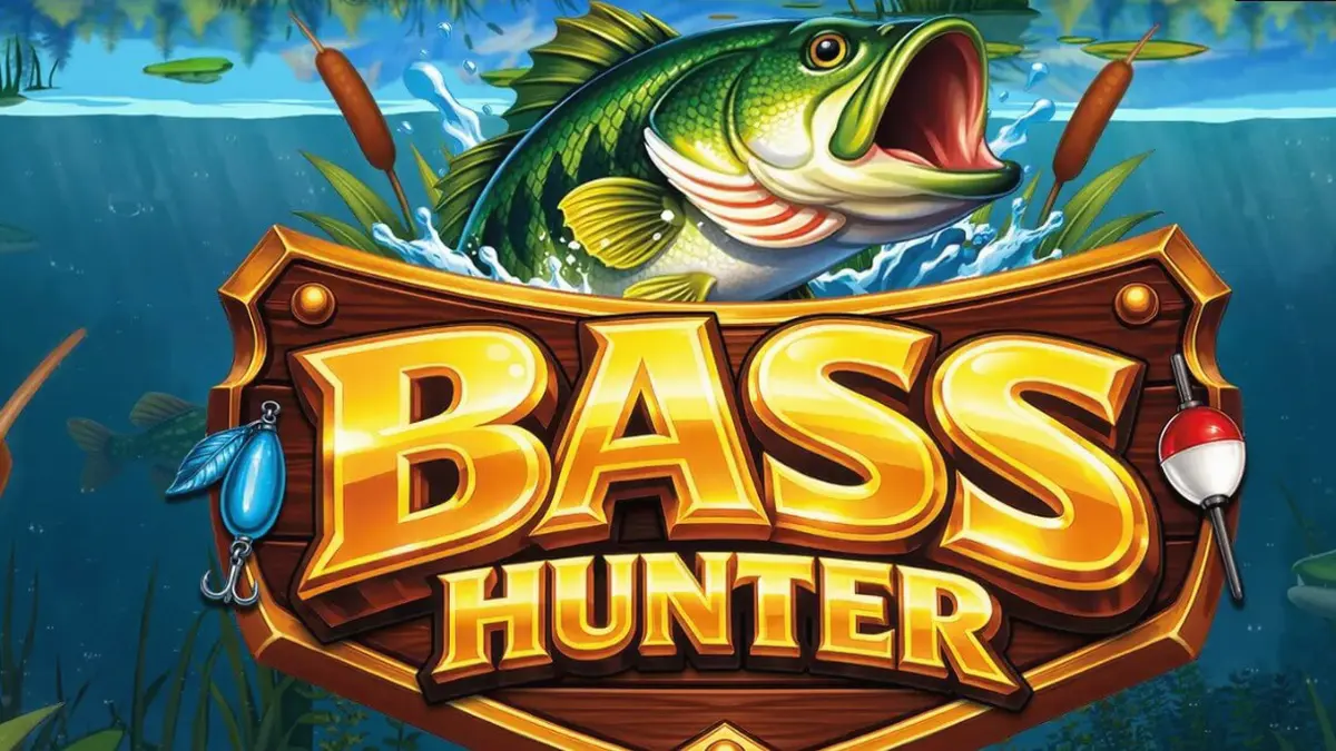 Cenário de lago nórdico e interface do slot Bass Hunter
