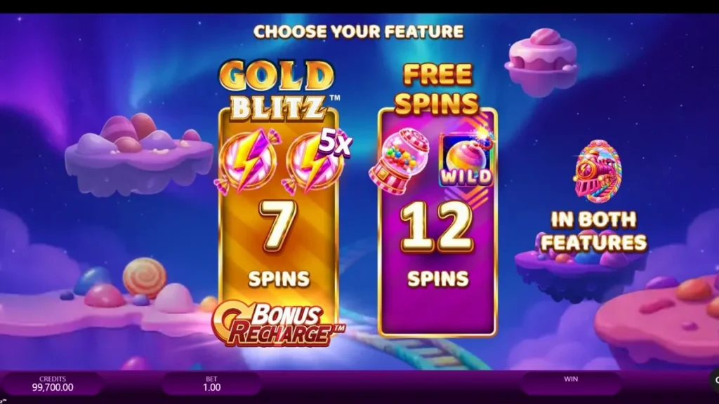 Interface vibrante e colorida do slot Candy Express Gold Blitz mostrando a locomotiva temática