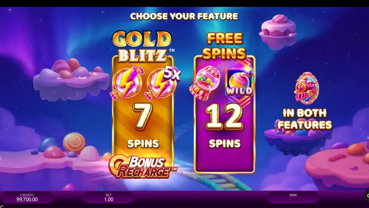Interface vibrante e colorida do slot Candy Express Gold Blitz mostrando a locomotiva temática