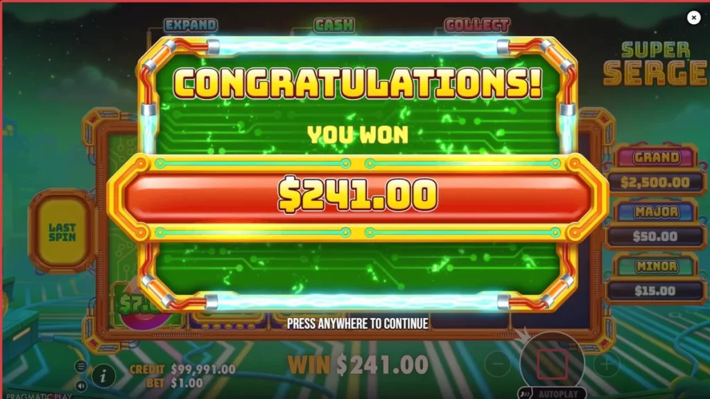 Interface vibrante e futurista do slot Super Serge com elementos elétricos