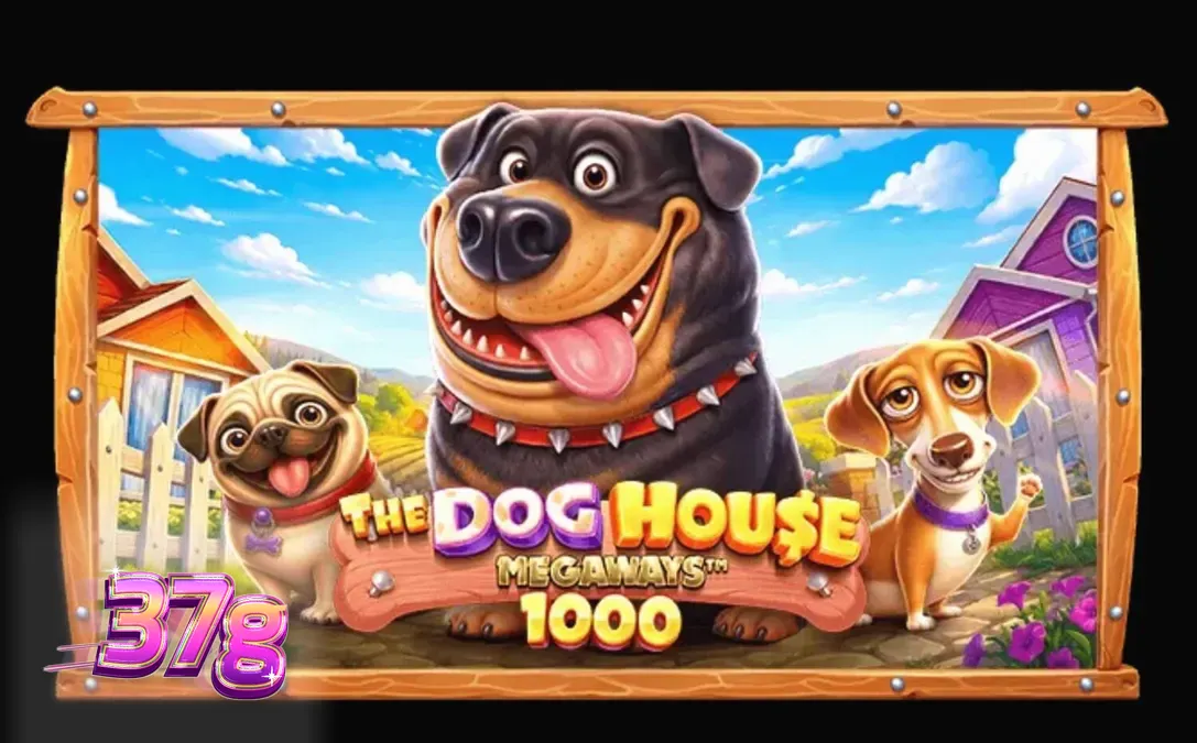 The Dog House Megaways 1000 slot machine interface featuring cartoon dogs in a countryside setting